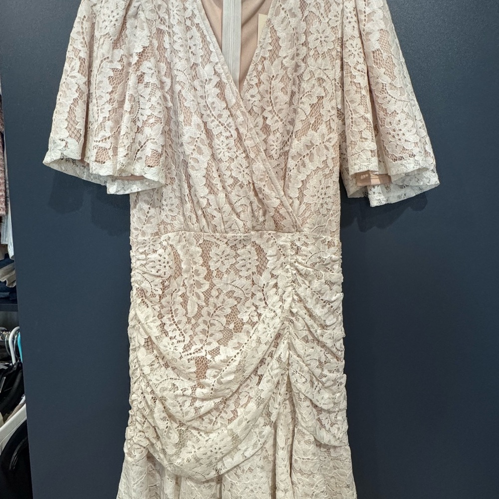 Cream Sheath Mini Dress with Flutter Sleeves and V-Neck